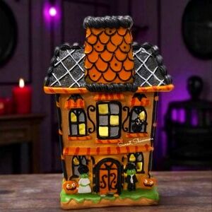 Frankenstein & Bride of LED Light Up Gingerbread House Manor w/ Jack Pumpkins